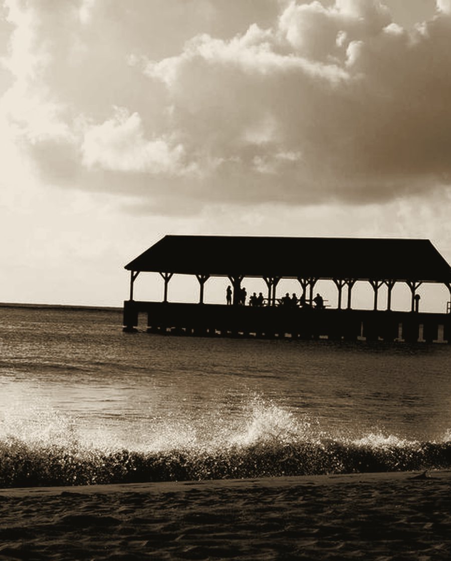 A timber jetty reaching across still backwater toward a low pavilion.